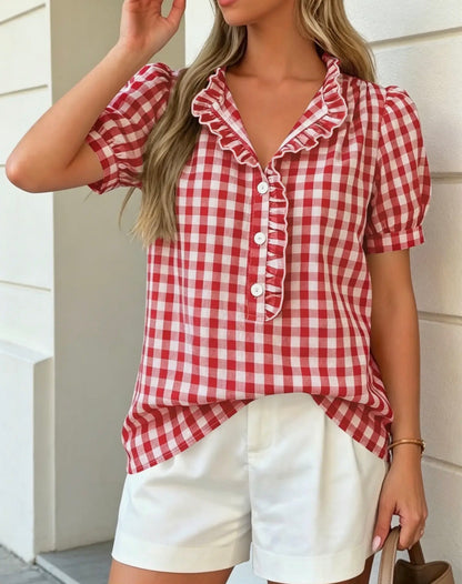 z   Plaid Ruffle Top Red