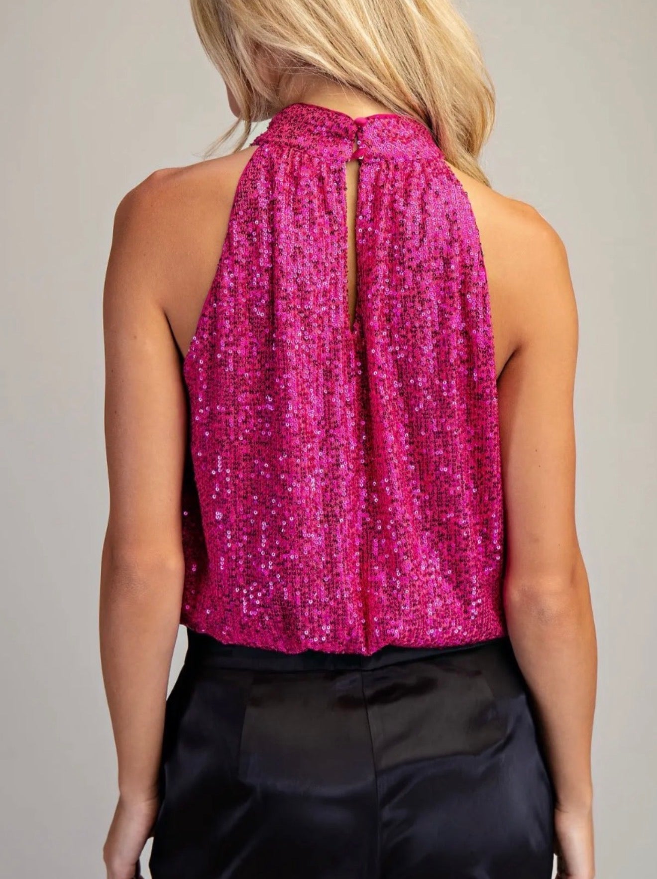z   Hot Pink Glitter Halter Neck Top