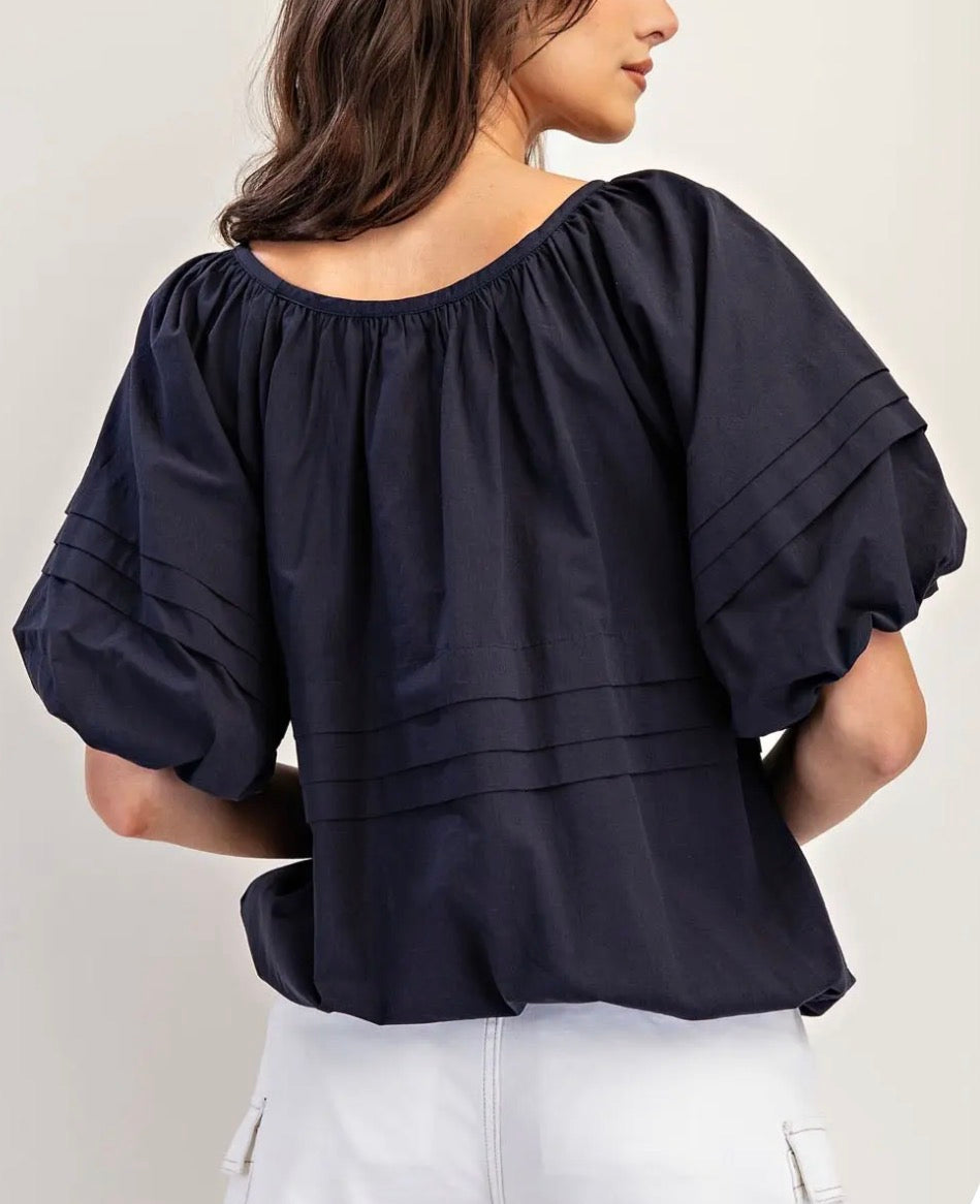 z   Pleated Puff Sleeve Top