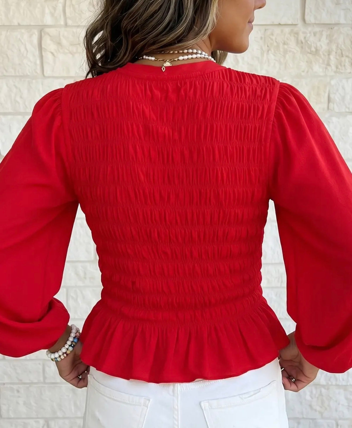 z   Red Smocked Ruffle Hem Top