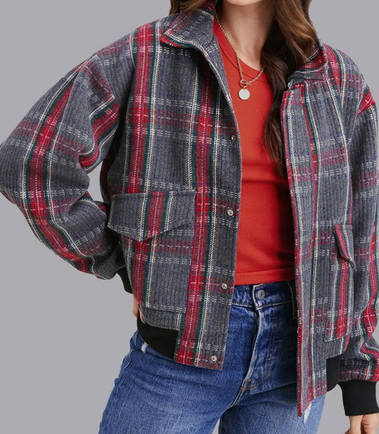 z   Relaxed Fit Checkered Bomber Button Down Jacket