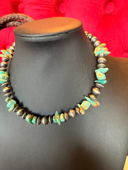 Handmade Sterling Silver and Kingman Turquoise Nugget Necklace  14" Long
