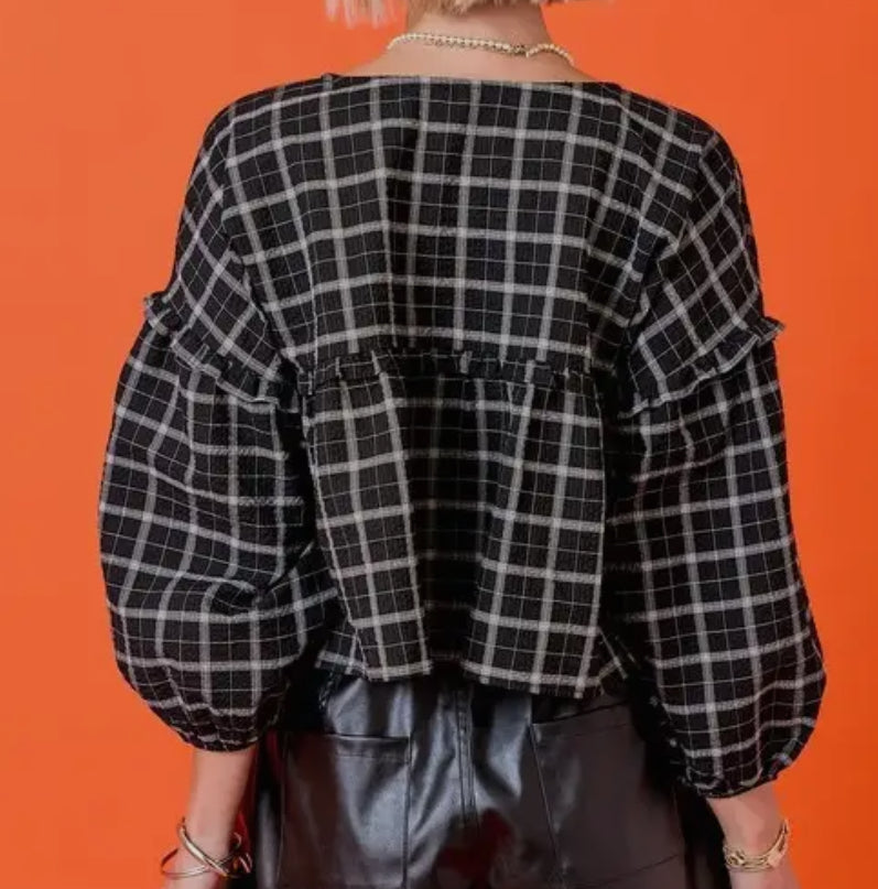 z   Long sleeve Plaid Top with Ruffle
