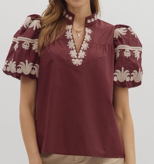 z   V-Neck Embroidered Bubble Sleeve Top