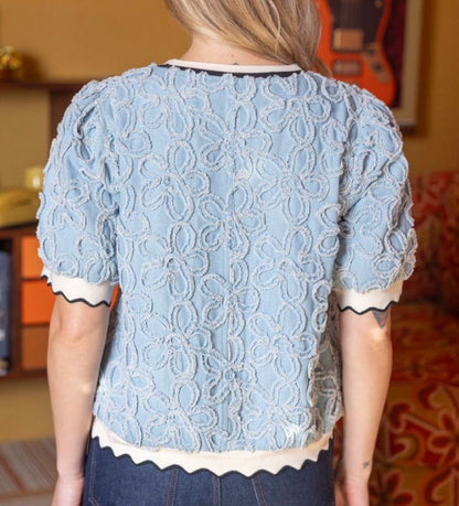z   Wave Ribbed Trim Detail Floral Textured Denim Top