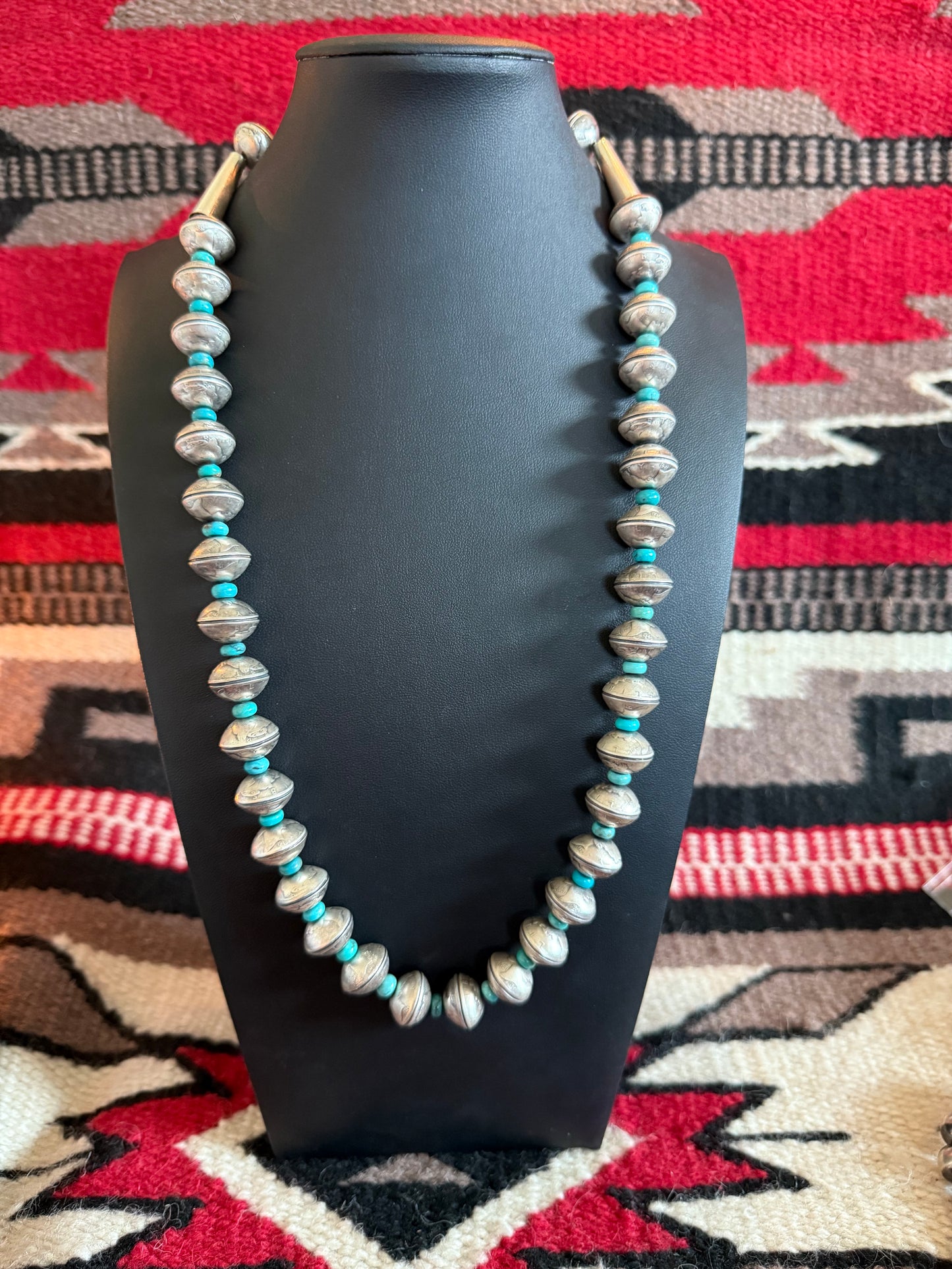Sterling Silver and Kingman Turquoise Handmade Navajo Pearl Necklace 24" Long
