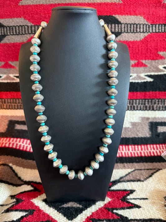 Sterling Silver and Kingman Turquoise Handmade Navajo Pearl Necklace 24" Long