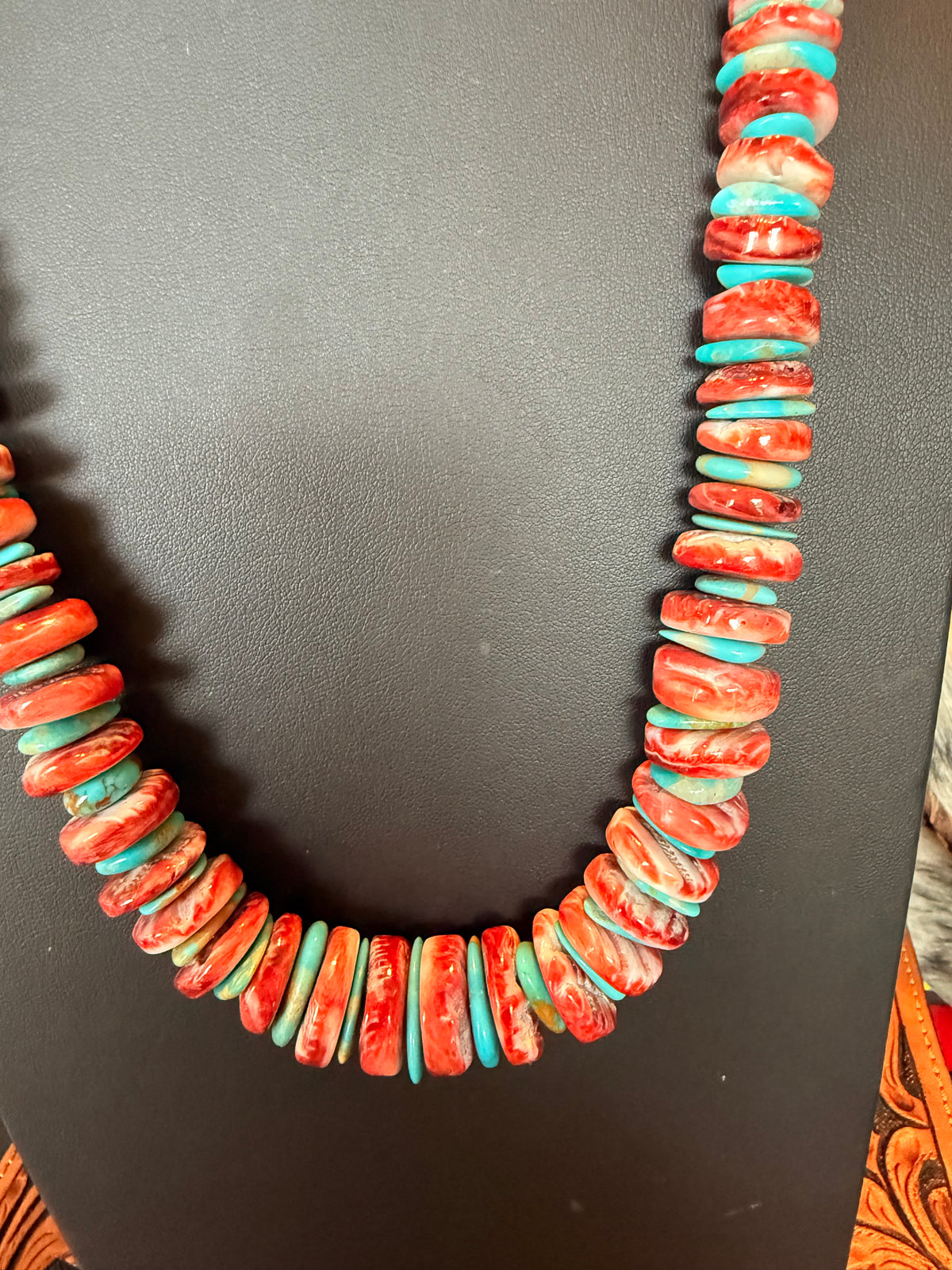 24" Red Spiny and Kingman Turquoise Necklace