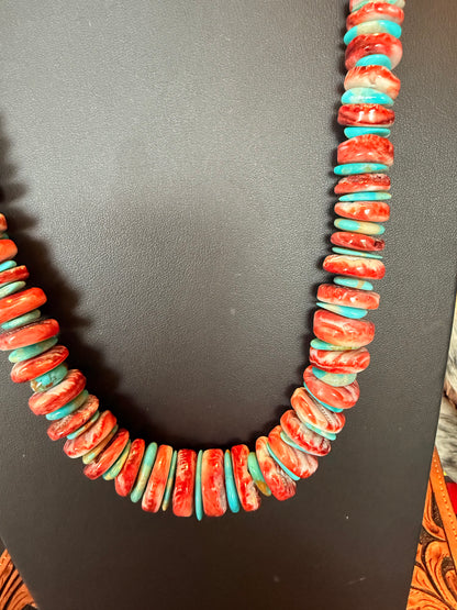 24" Red Spiny and Kingman Turquoise Necklace
