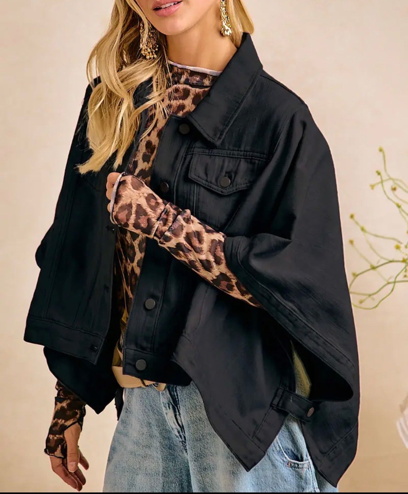 z   Black Oversized Cape Sleeve Cropped Denim Jacket
