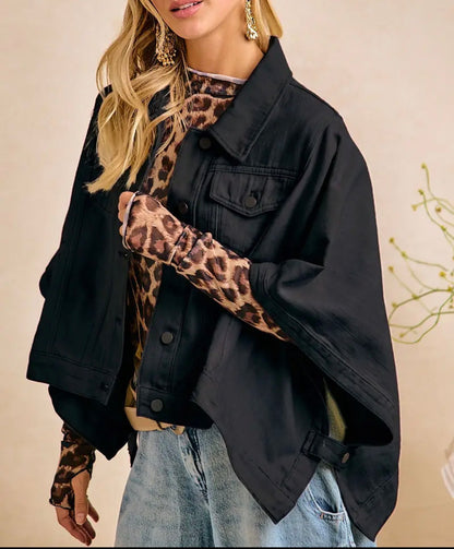 z   Black Oversized Cape Sleeve Cropped Denim Jacket