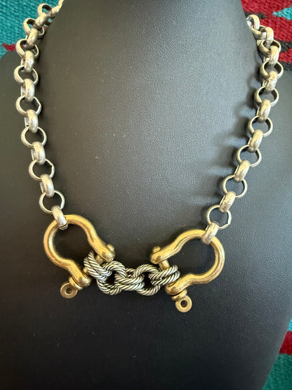 v2   V26 Double Shackle Necklace Silver and 18K Gold Plated  18" Long