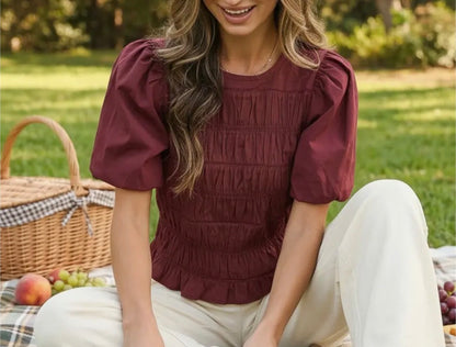 z   Smocked Puffed Sleeve Burgundy Top