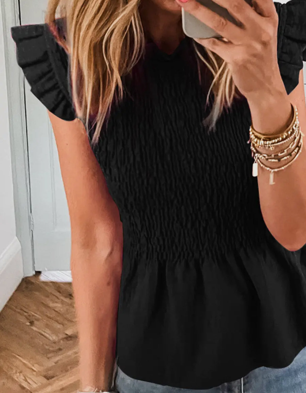 z   Smocked Ruffle Short Sleeve Top