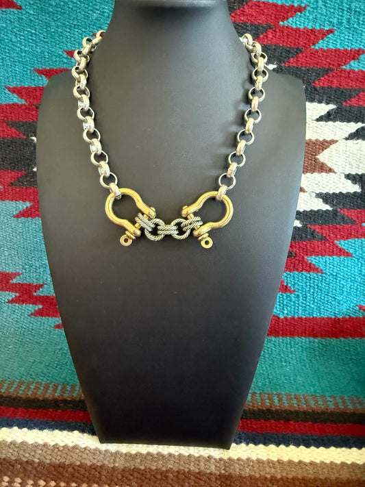 v2   V26 Double Shackle Necklace Silver and 18K Gold Plated  18" Long