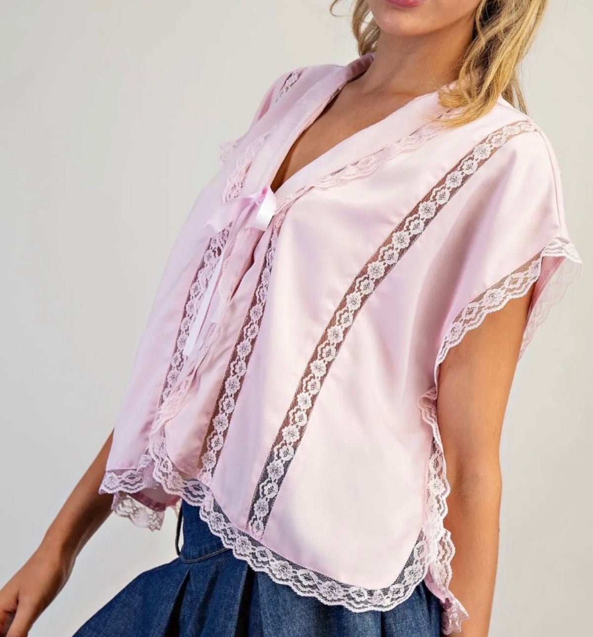 z   V-Neck Lace Trim Blouse Soft Pink