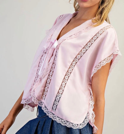 z   V-Neck Lace Trim Blouse Soft Pink