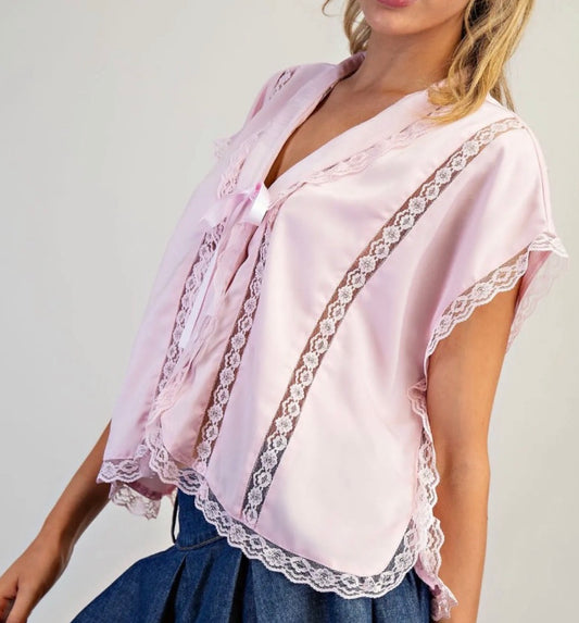 z   V-Neck Lace Trim Blouse Soft Pink