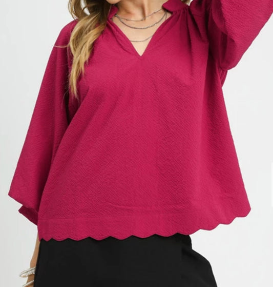 z   Split V Neck Top with Balloon Sleeves