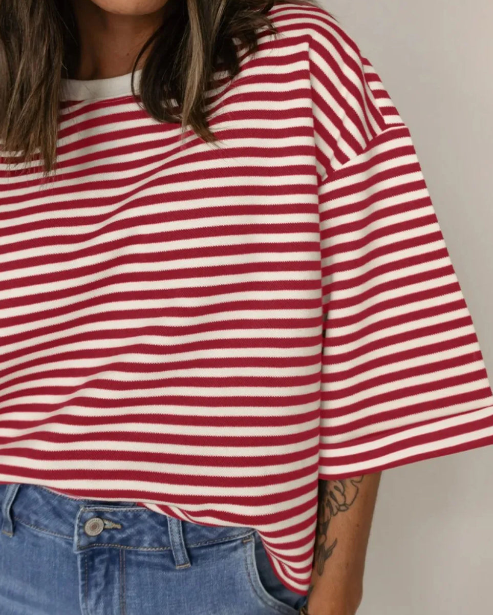 z   Striped Drop Shoulder Top with Bow Decor