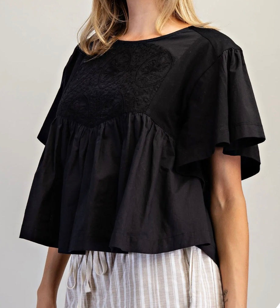 z   Floral Embroidered Yoke Babydoll Top