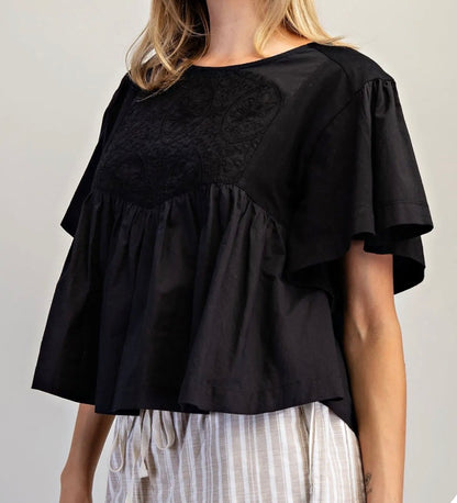 z   Floral Embroidered Yoke Babydoll Top