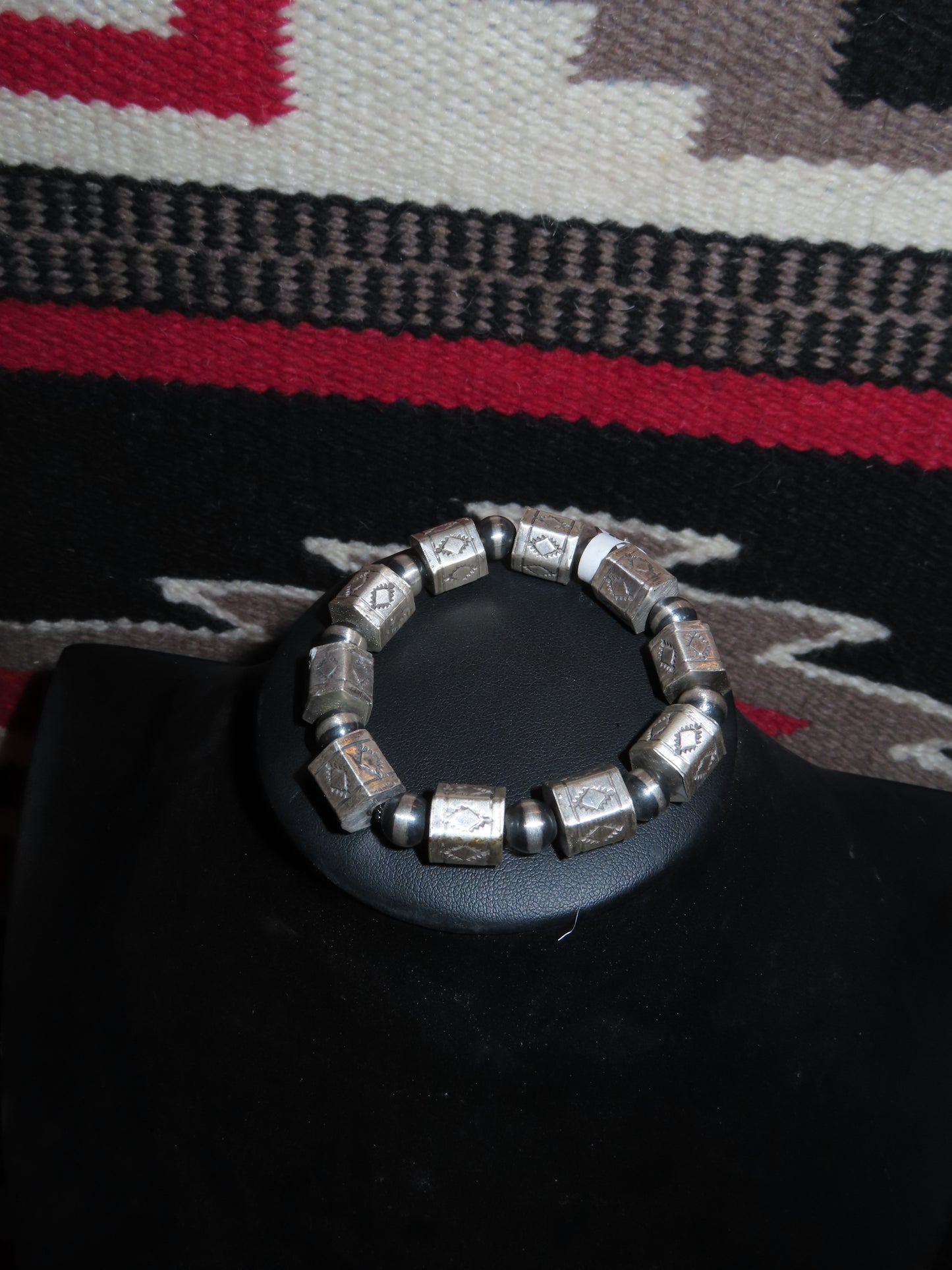 Sterling Silver Handmade Stretch Bracelet with Stamped Barrel Beads