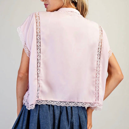 z   V-Neck Lace Trim Blouse Soft Pink