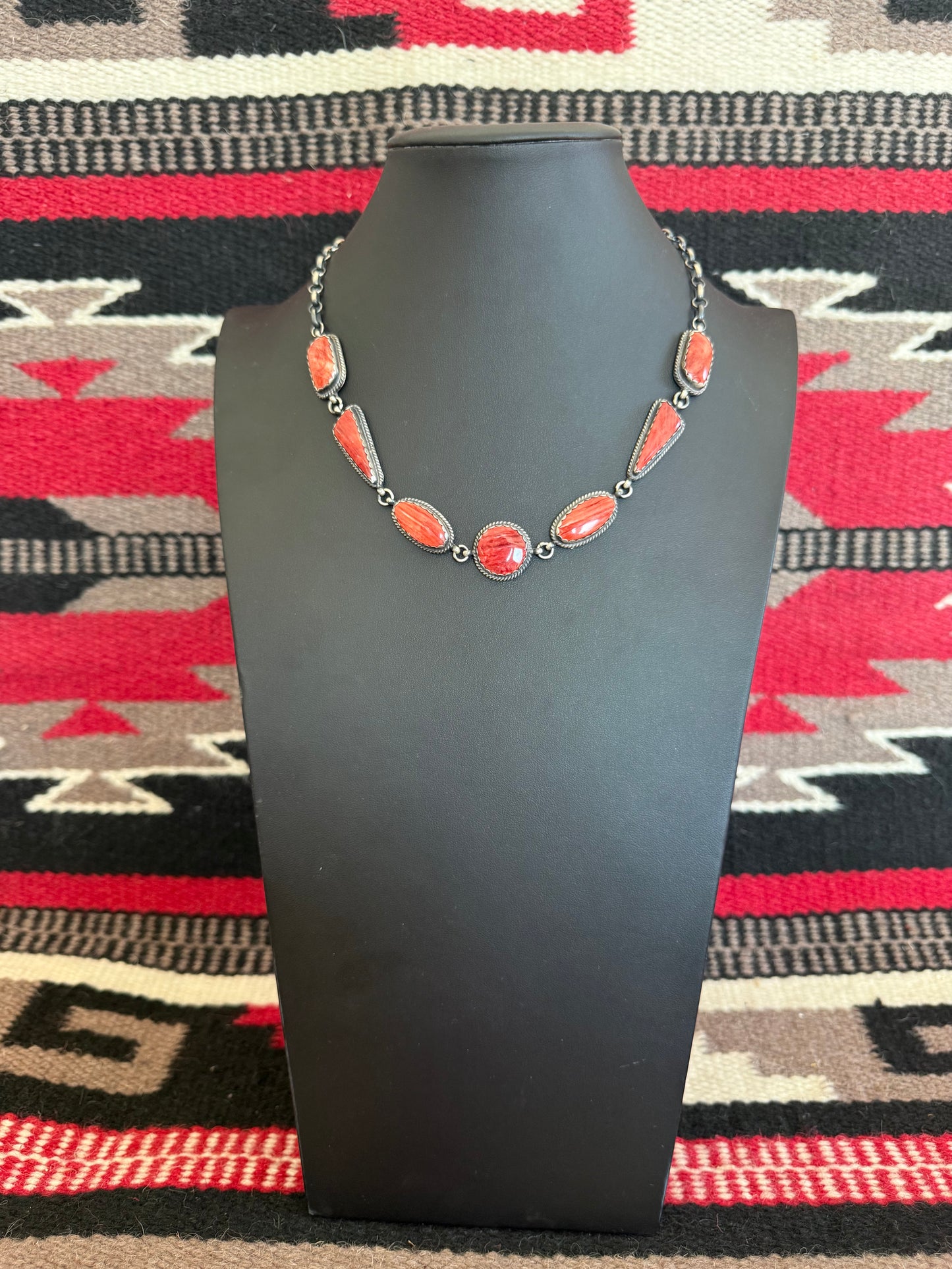 Red Spiny Oyster 7 Stone Necklace 18" Long By Peggy Skeets
