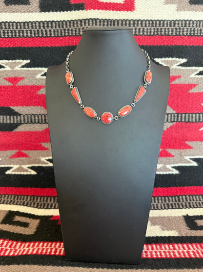 Red Spiny Oyster 7 Stone Necklace 18" Long By Peggy Skeets