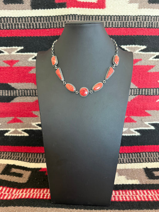 Red Spiny Oyster 7 Stone Necklace 18" Long By Peggy Skeets