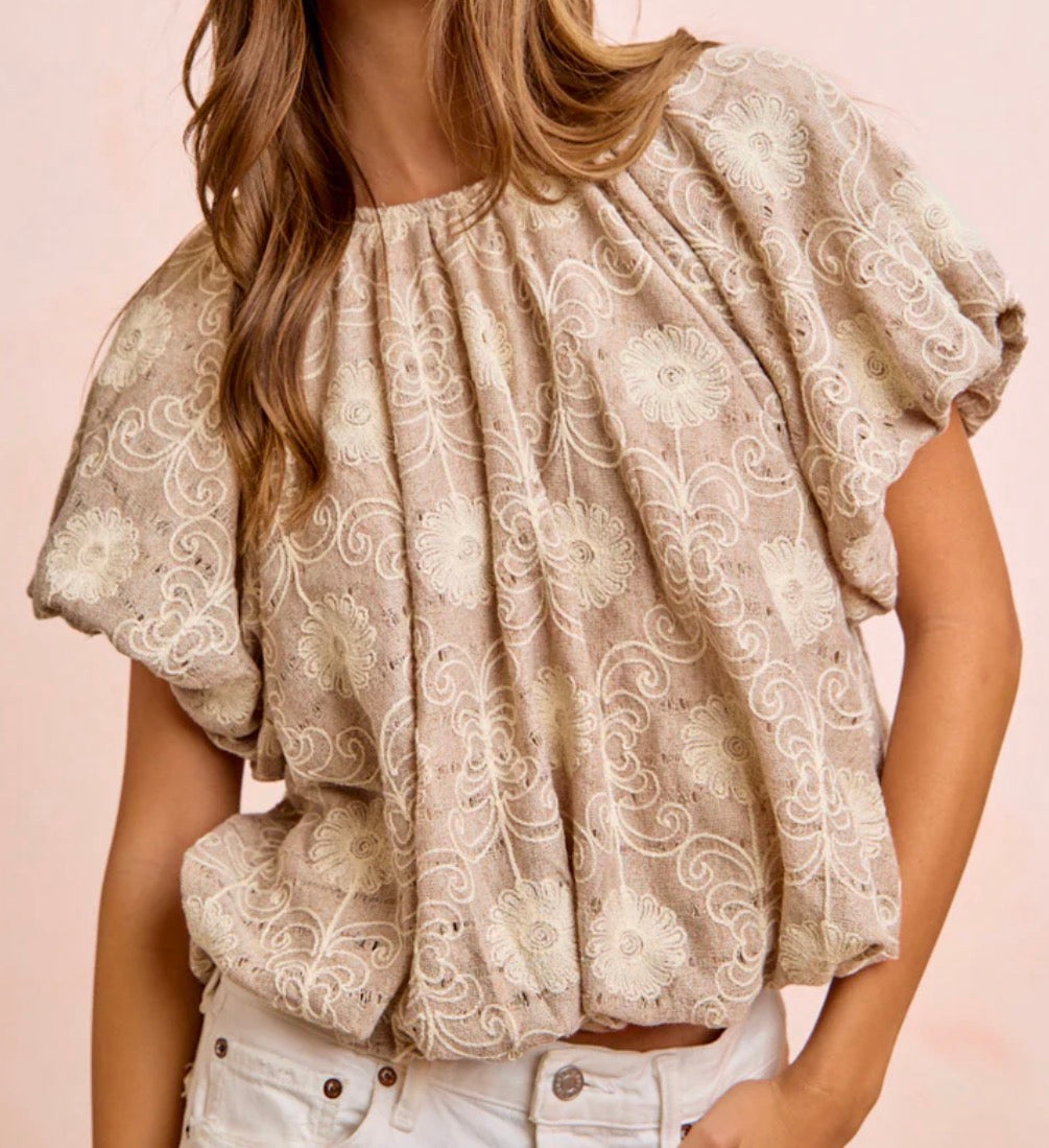 z   Flower Embroidered Bubble Hem Top