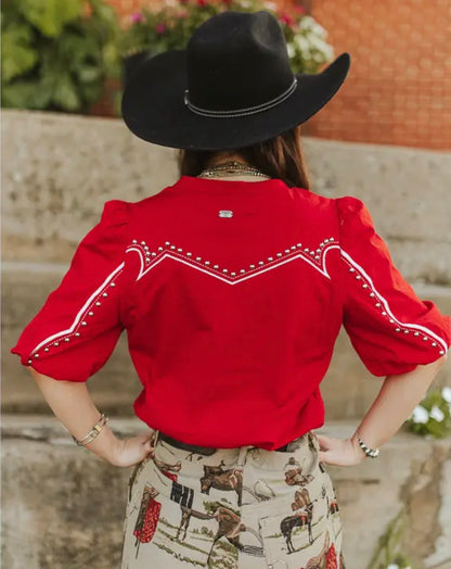 z   Western Yoke Studded Red Top