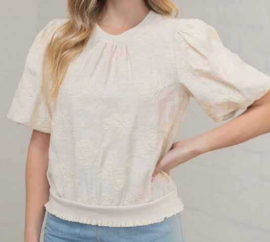 z   Floral Embroidered Bubble Sleeve Top