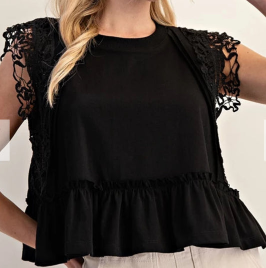 z   Side Lace Trim Ruffle Hem Top
