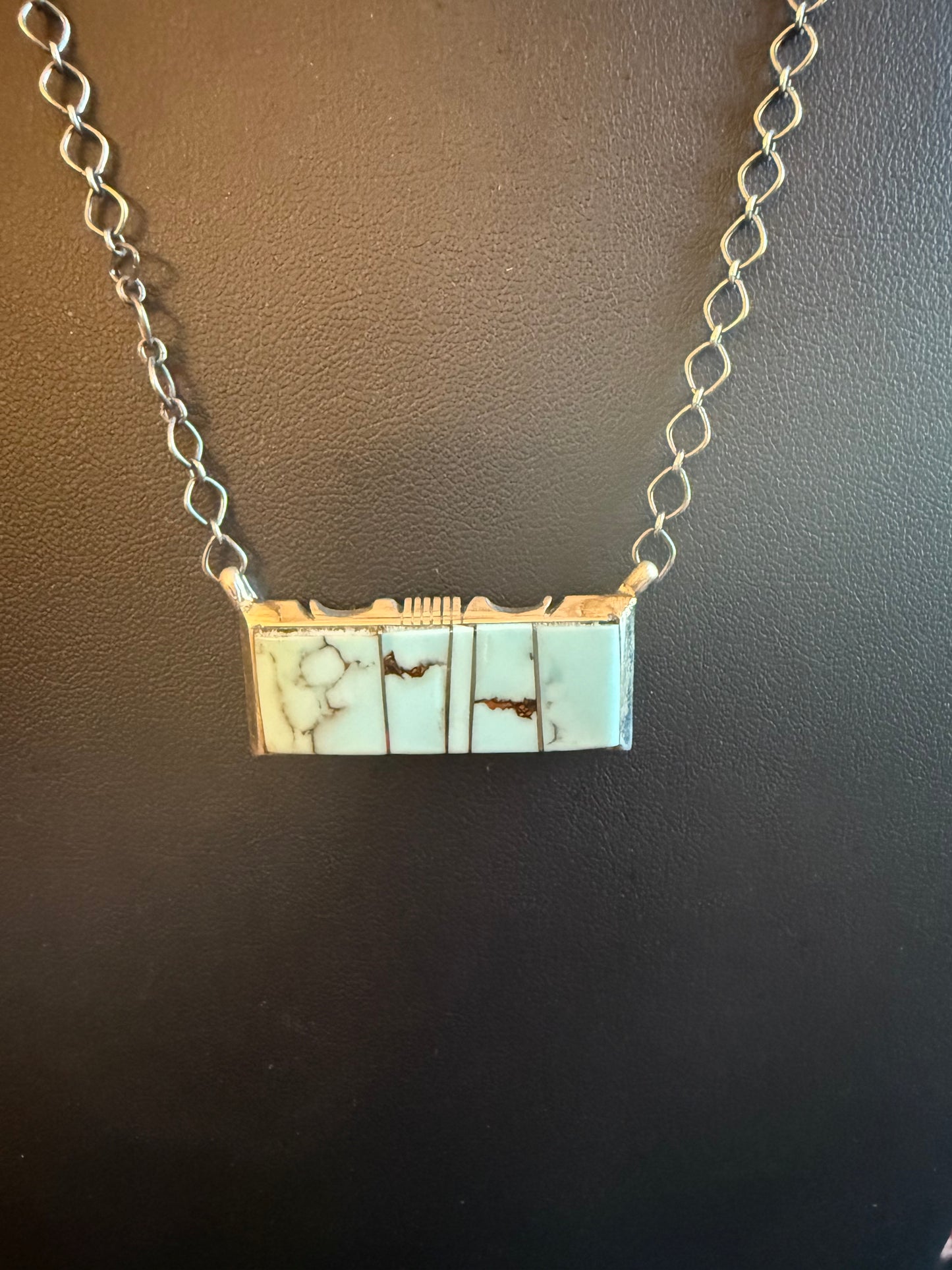 Sterling Silver Link Chain Necklace with a Kingman Turquoise Bar Pendant 20" Long