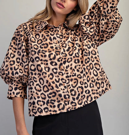 z   Leopard 3/4 Puffed Sleeve Top