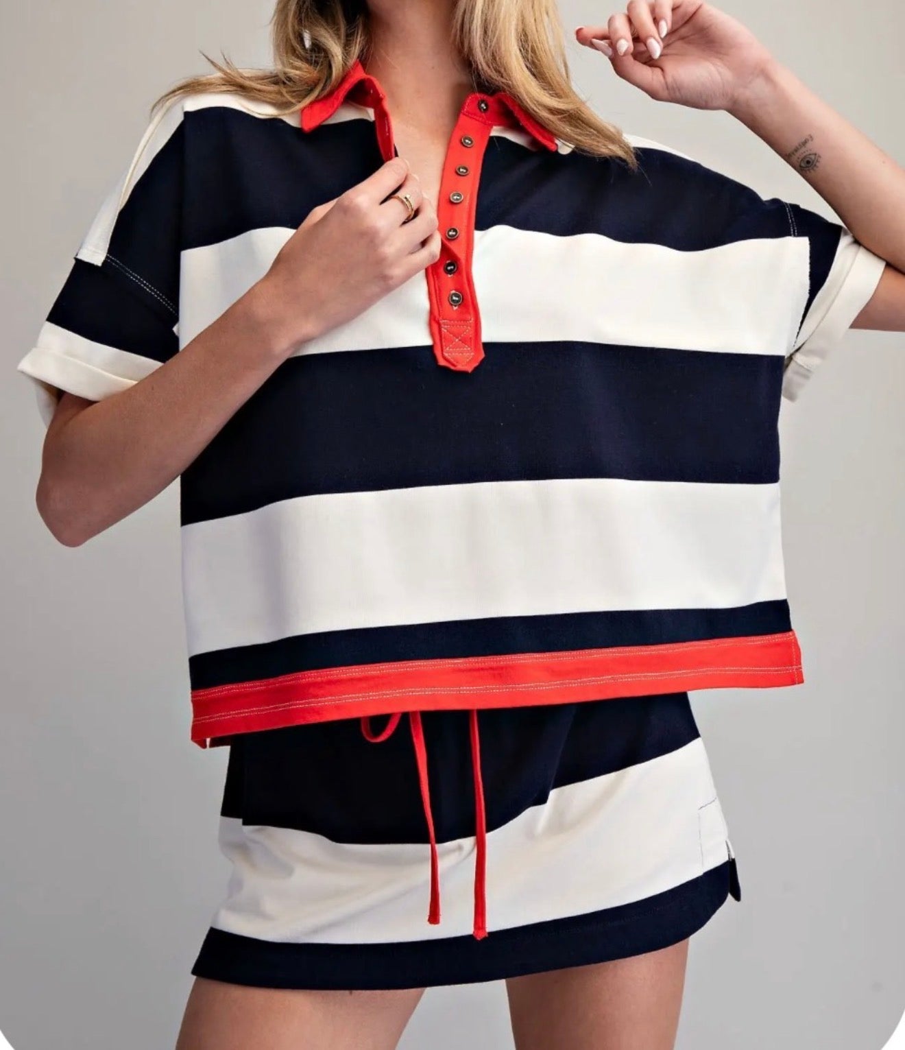 z   Striped Contrasting Polo Set