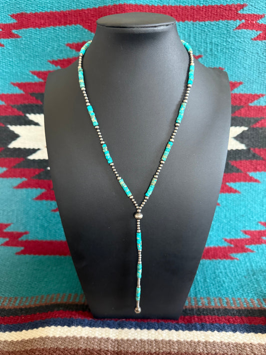 Kingman Turquoise Lariat with Sterling Silver Navajo Pearls 18” Long + 5" Drop