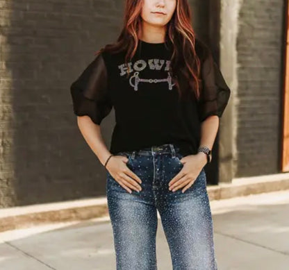 z   Western Rhinestone Puffed Sleeve Top