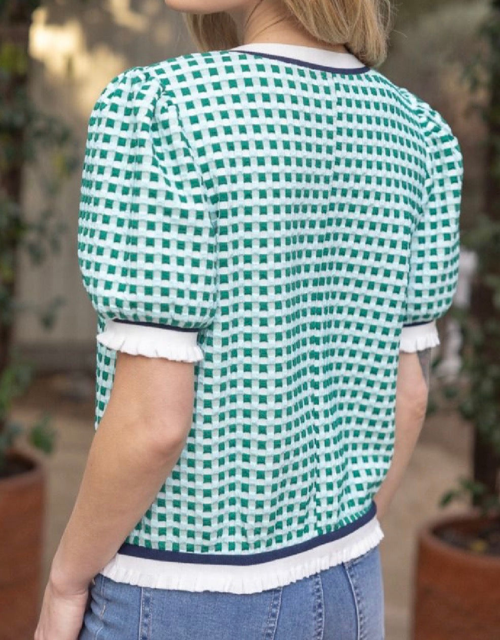 z   Striped Contrast Textured Gingham Knit Top