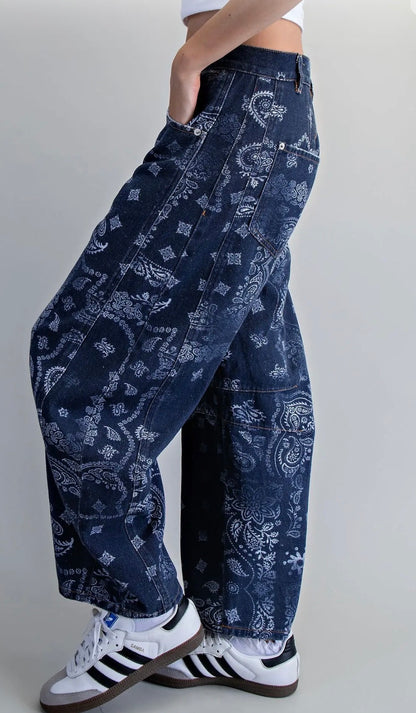 z   Mineral Washed Paisley Barrel Jeans