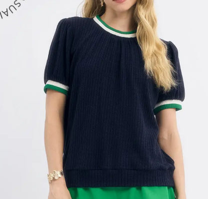 z   Puffed Sleeve Navy Knit Top