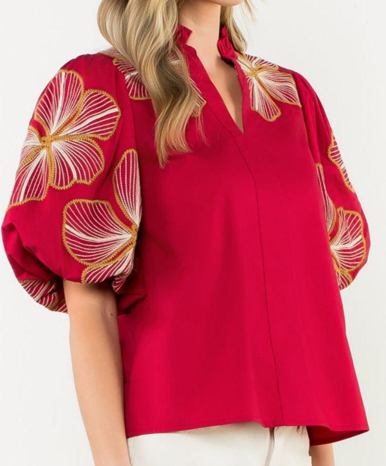 z   Puff Sleeve Embroidered Top