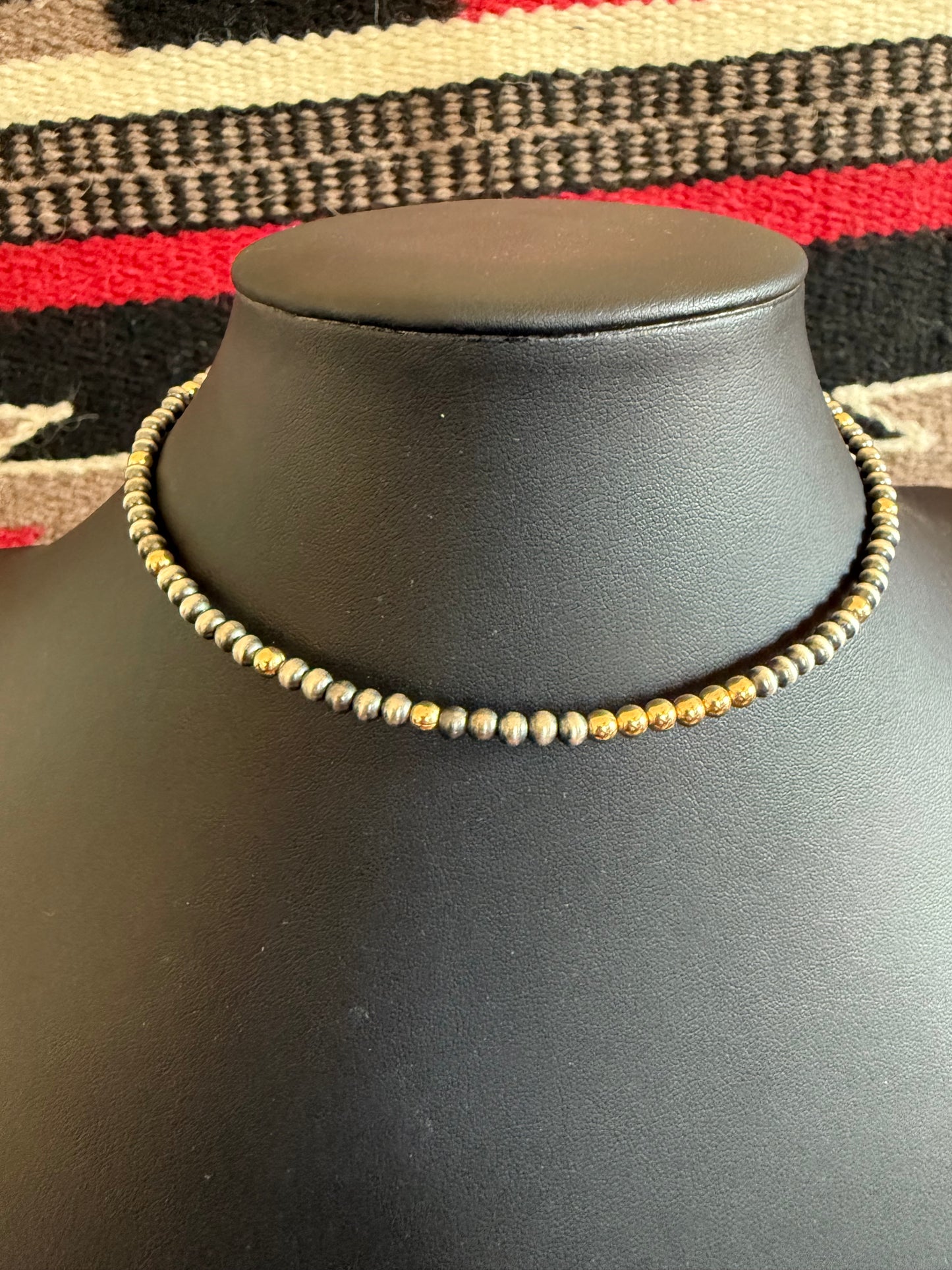 3mm Sterling Silver Navajo Pearls and Gold Choker