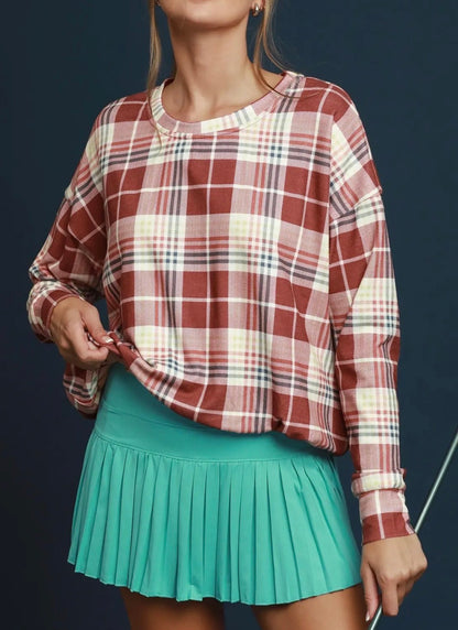 z   Plaid Pullover Top with Bubble Hem