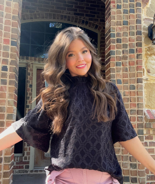 z   Textured Lattice Mock Neck Blouse