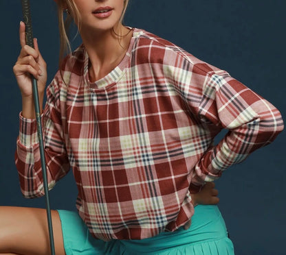 z   Plaid Pullover Top with Bubble Hem