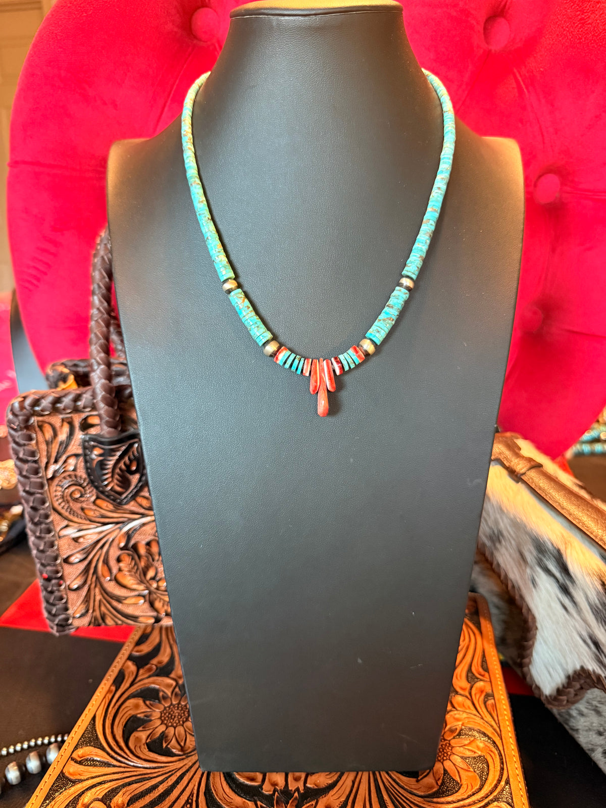 Turquoise and Red Spiny Necklace
