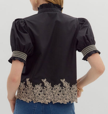 z   Embroidered Puff Sleeve Top
